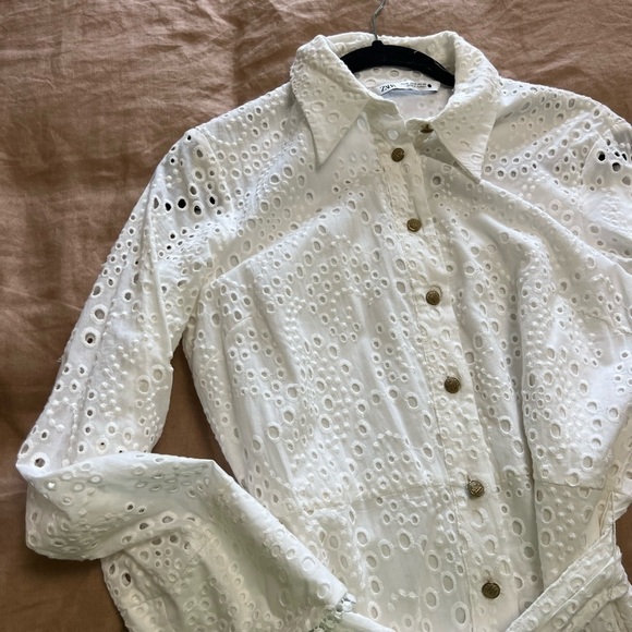 Zara embroidered perforated eyelet A-Line cotton Shirt Dress with long sleeves - Picture 6 of 12
